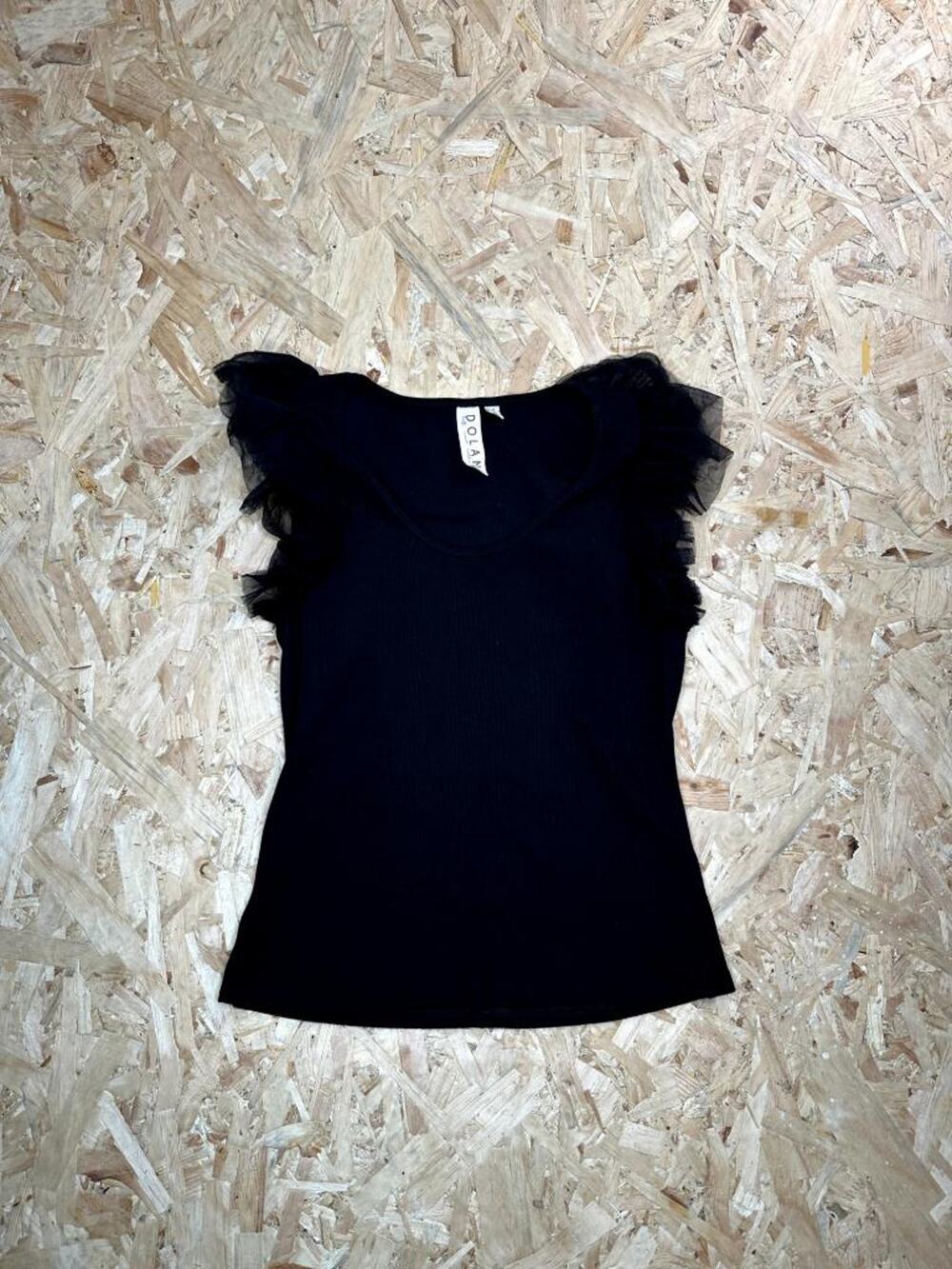 Dolan Left Coast Collection Womens Medium Black Ribbed Knit Tulle Ruffle Top